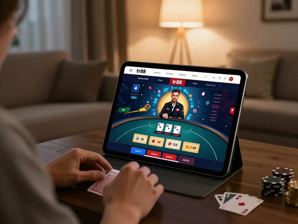 Player engaging in online gaming on tablet with tr88 interface, cozy living room setting, showcasing strategic gameplay.
