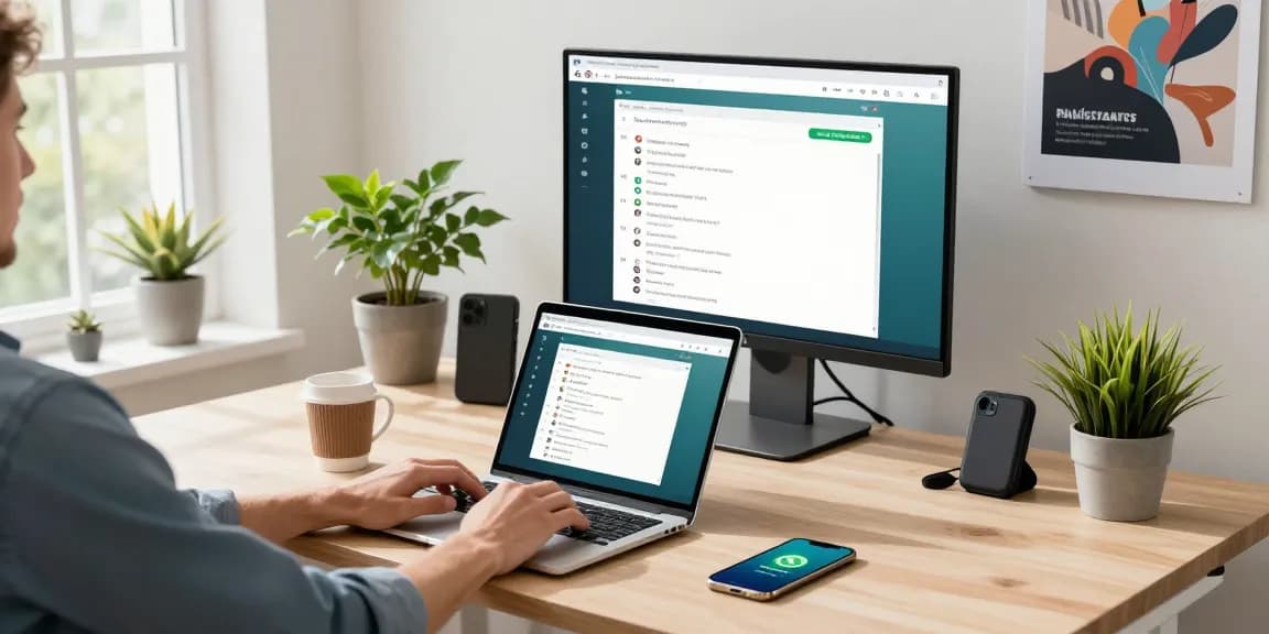 Person using WhatsApp網頁版 on a large monitor in a modern tech workspace.