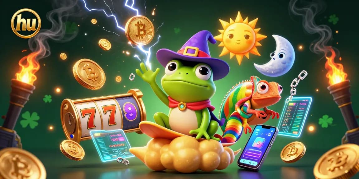 Hit the jackpot with hu at this vibrant casino scene featuring a wizard frog surrounded by gold coins and digital crypto elements.