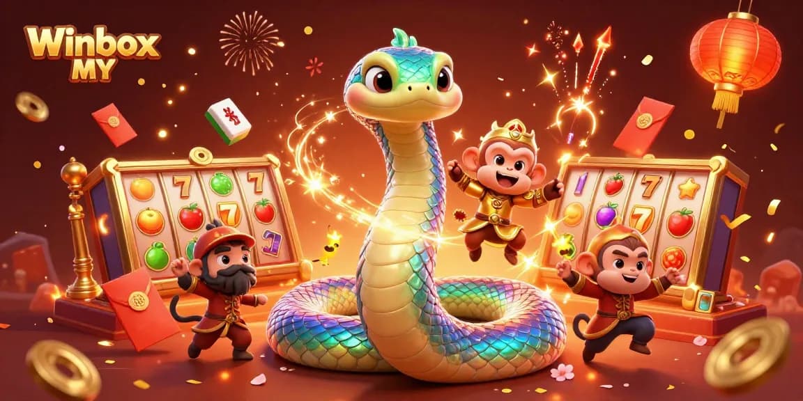 Winbox MY features vibrant 3D casino illustrations with dynamic slot reels and playful characters.