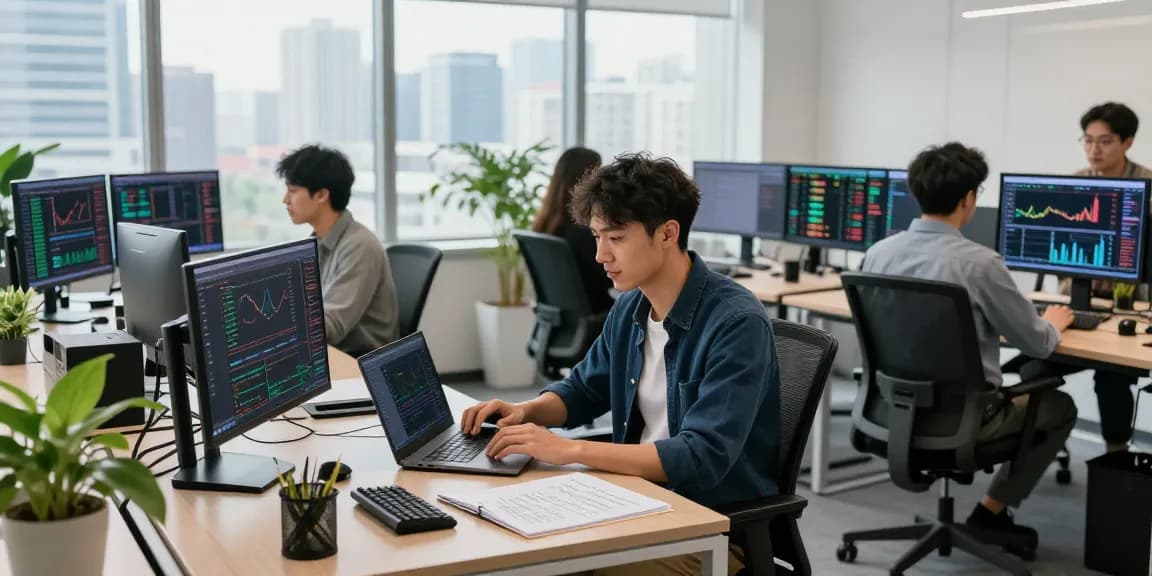 Traders at 업투익스체인지 engaging with real-time cryptocurrency data in a vibrant office.