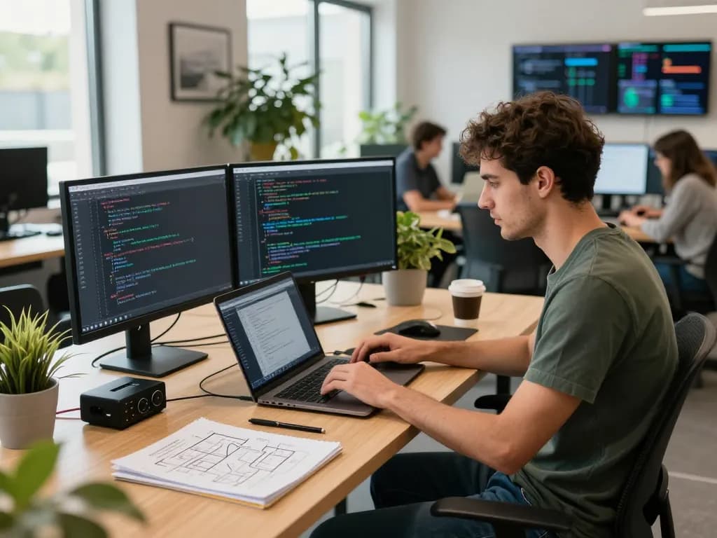 Developer working with clawdbot ai in modern co-working space with dual monitors and collaborative environment.