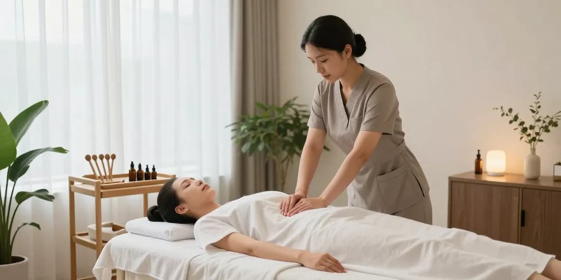 1인샵에서 전문 마사지사가 편안한 분위기 속에서 고객에게 스웨디시 마사지 시연