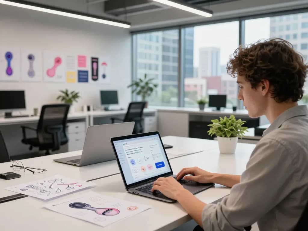 AI sex application design collaboration in an innovative tech office space.