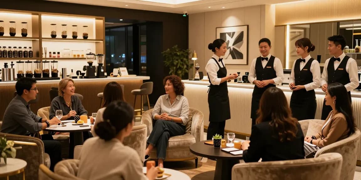 강남블랜딩쩜오에서 고급스러운 분위기 속 고객과 직원이 소통하는 장면.