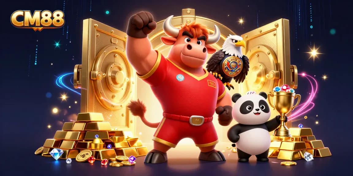 CM88 slots excitement with a victorious bull, eagle champion, and trophy panda in a golden treasure ambiance
