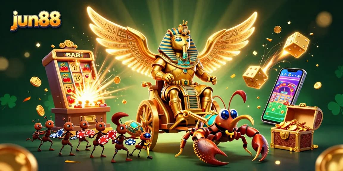 Experience the excitement of jun88 with a golden scarab beetle chariot amidst vibrant casino elements.