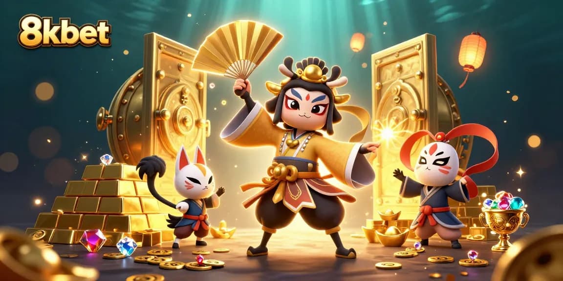 8kbet showcases a kabuki warrior and kitsune characters amidst golden casino treasures, enhancing the gaming atmosphere.