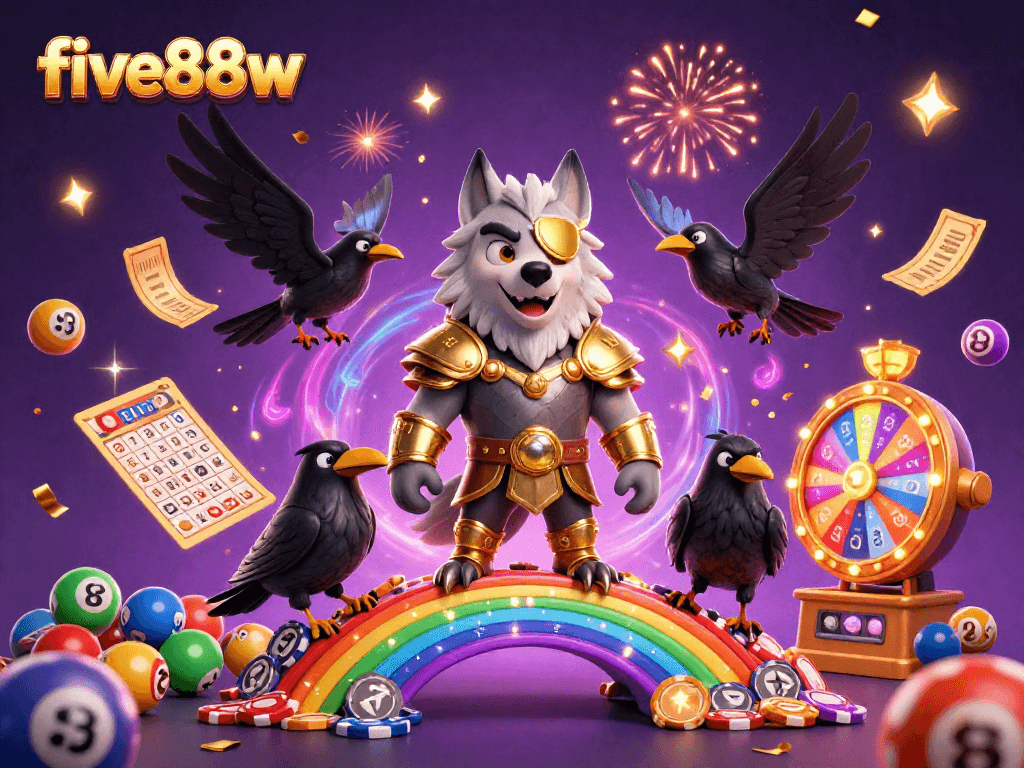 Engage with five88w's dynamic gaming experience featuring colorful lottery elements and Norse-inspired characters.