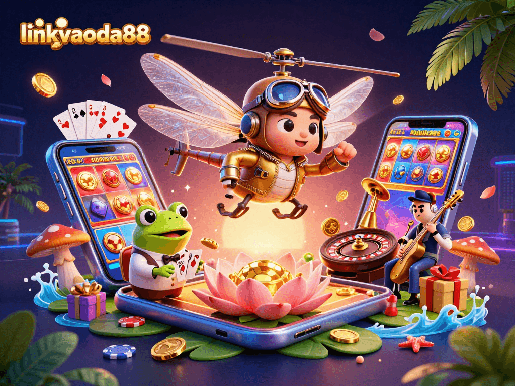 Engage with linkvaoda88's vibrant casino scene featuring a dragonfly pilot and frog croupier.