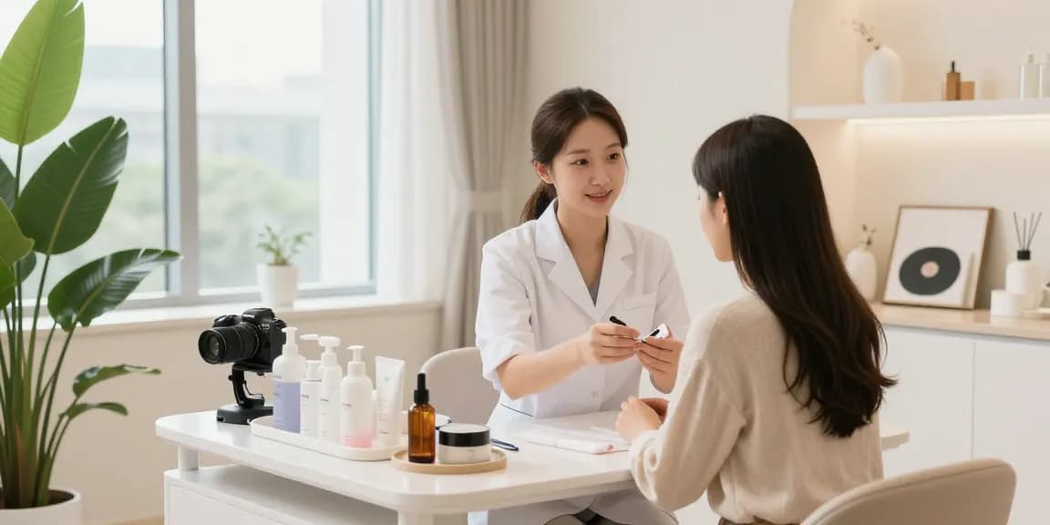 신사역 온다를 경험하는 예피다의원, 피부 상담과 스킨케어 제품을 강조한 아늑한 치료실.