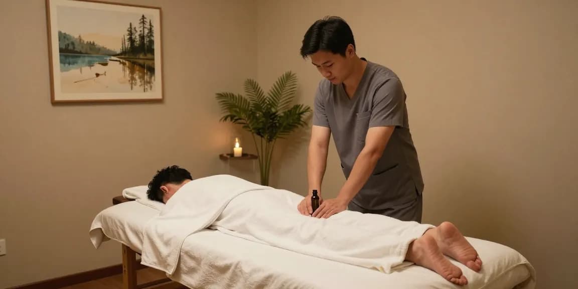 구미마사지 전문 공간에서 남성 마사지사와 아로마 오일이 있는 편안한 방.