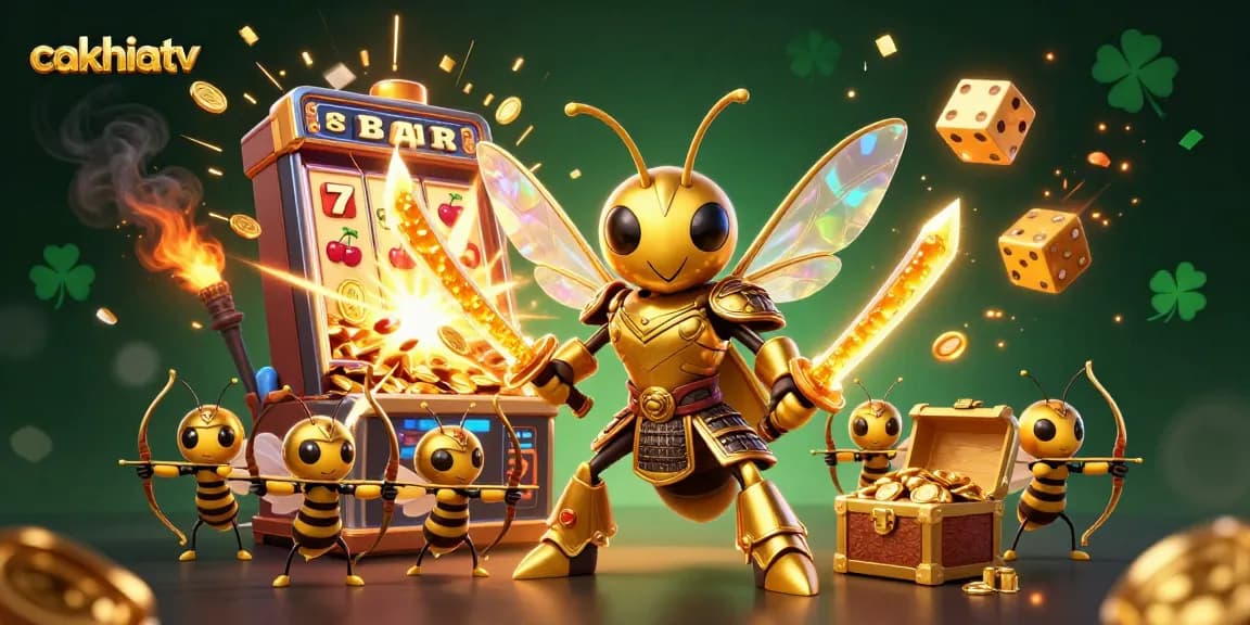 Experience cakhiatv live with this dynamic 3D illustration of a golden samurai hornet and casino action.