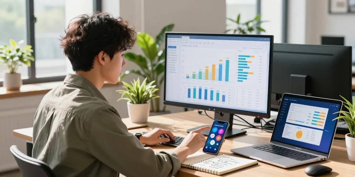 フォロワー購入のためのSNSマーケティング分析を行う若手プロフェッショナルの現場