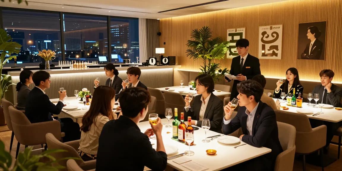 강남 구구단 쩜오의 고급스러운 내부에서 고객들이 매니저와 함께 즐거운 시간을 보내는 모습