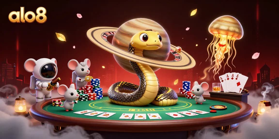 Experience thrilling bets with alo8 in a vibrant cosmic casino scene featuring 3D cartoon characters.
