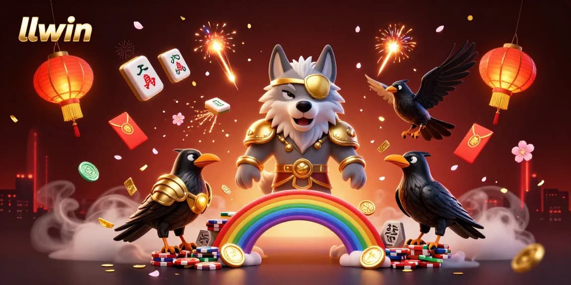Experience the thrill of llwin with Odin and ravens in a casino-themed 3D illustration, packed with vibrant gambling symbols.