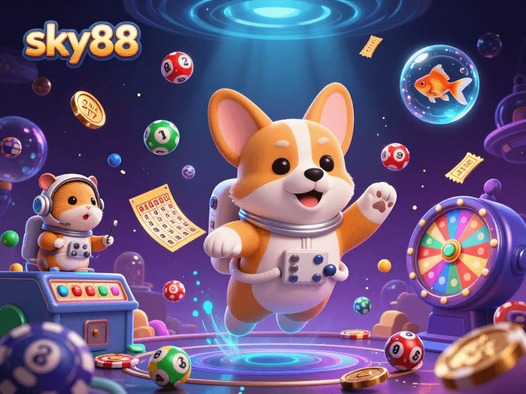 Engage with sky88's exciting gaming space featuring vibrant casino elements and animated characters.
