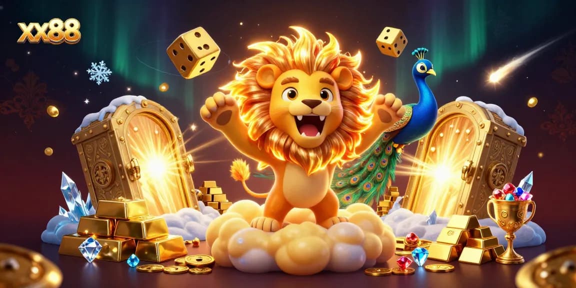 Experience the thrilling world of xx88 with a dazzling 3D illustration of a roaring sun lion and gold treasures.