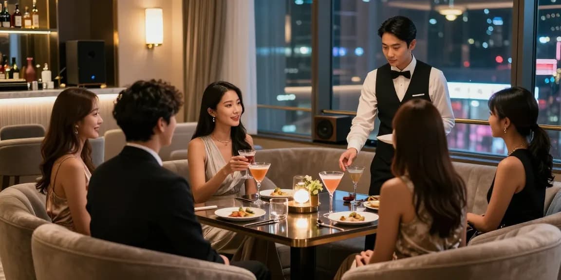 최고급 쩜오 룸에서 고급스러운 분위기의 손님들이 칵테일을 즐기는 모습