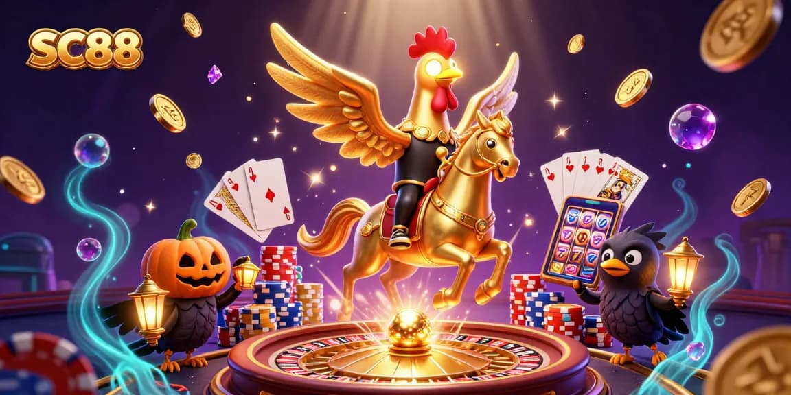 SC88 showcases an exciting scene with a golden rooster and friends winning in a vibrant casino setting.