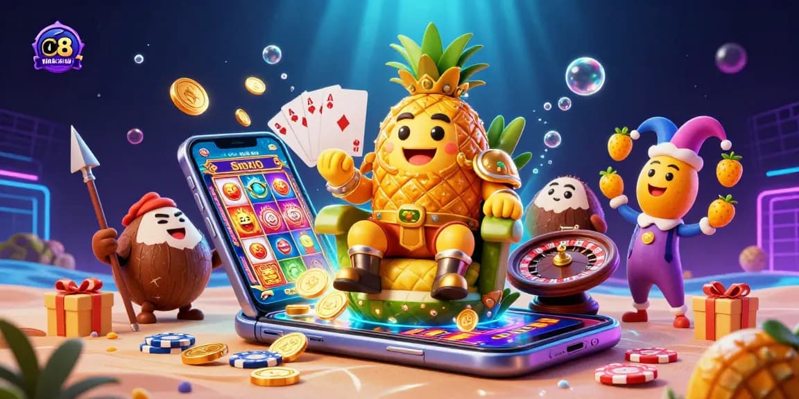 Engage with Nhà cái o8 in an animated beach casino scene filled with vibrant games and lively characters.