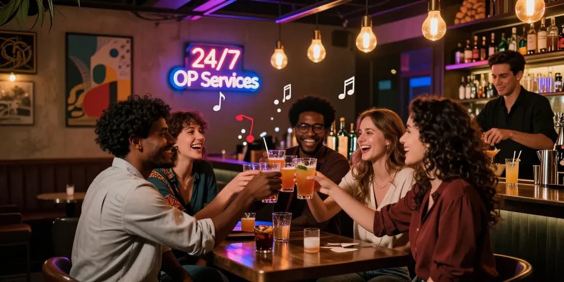 Friends enjoying OP services at a trendy bar, lively atmosphere, urban nightlife.