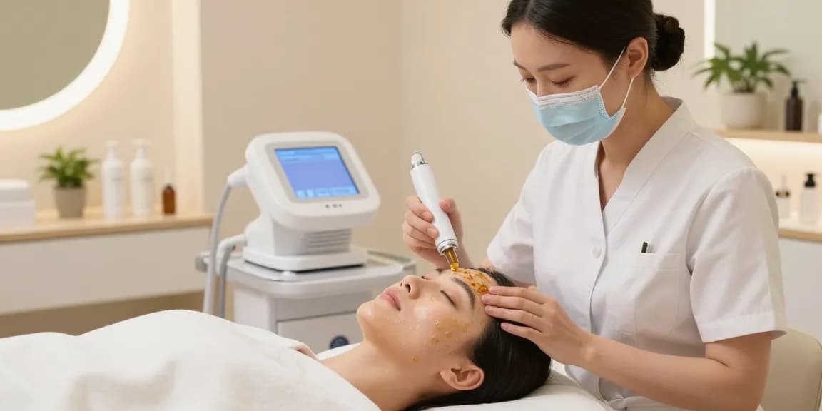 물광필링을 받는 고객과 전문 미용사, 치료실 전체가 아늑하고 조화로운 분위기