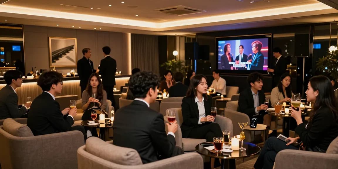 강남구구단의 고급스러운 분위기에서 멋진 인물들이 음료를 즐기며 엔터테인먼트를 감상하는 모습.