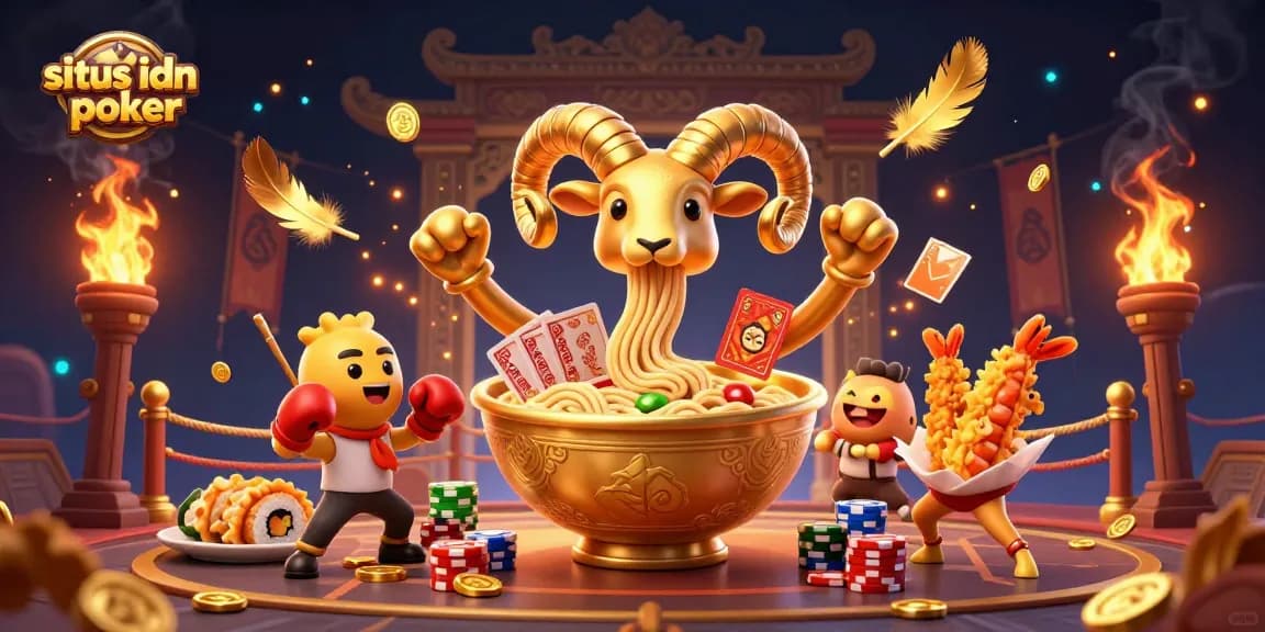 Situs idn poker terfavorit dengan aksi dealer kartu dari mangkuk ramen emas raksasa, dikelilingi koin berkilau dan efek percikan dinamis.