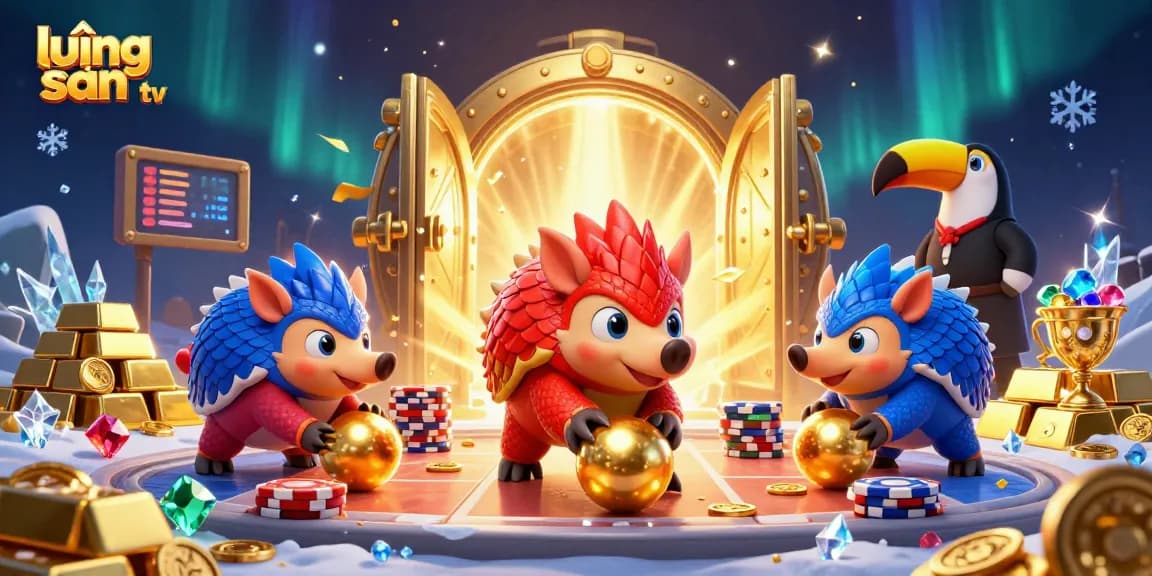 Lương Sơn TV features rival pangolins competing energetically among vibrant casino elements and golden treasures.