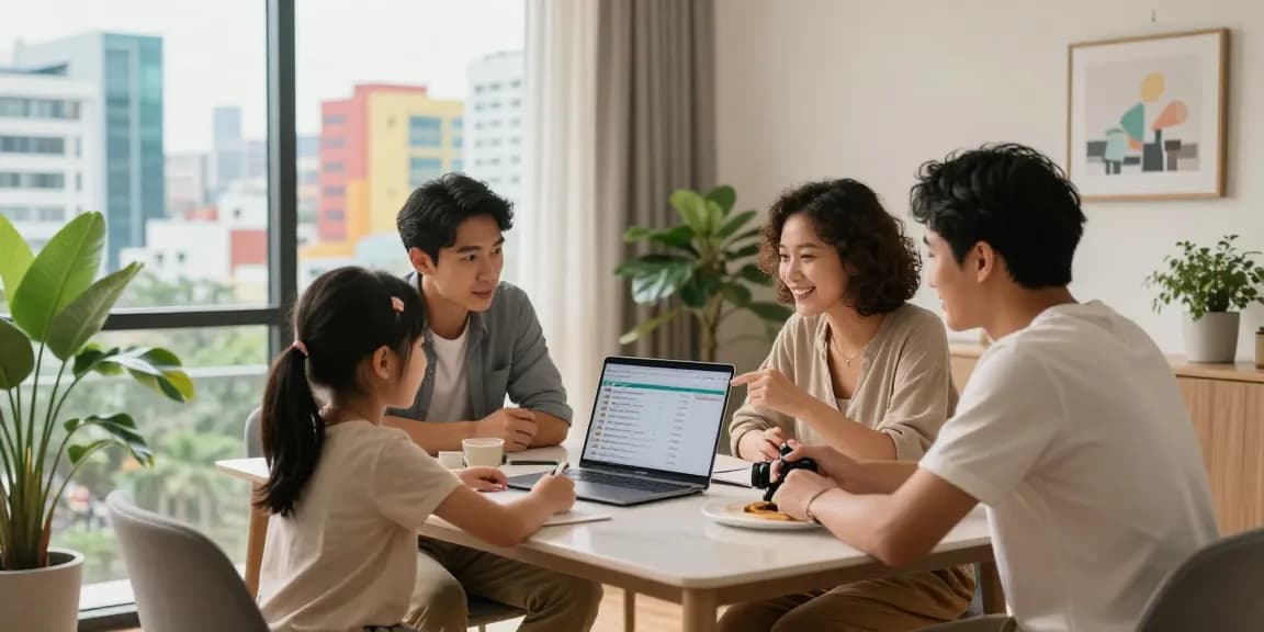 하노이 아파트 월세 정보를 논의하는 가족의 모습, 현대적인 아파트의 다이닝 테이블에서 노트북과 함께 색다른 도시 풍경을 배경으로한 포근한 분위기