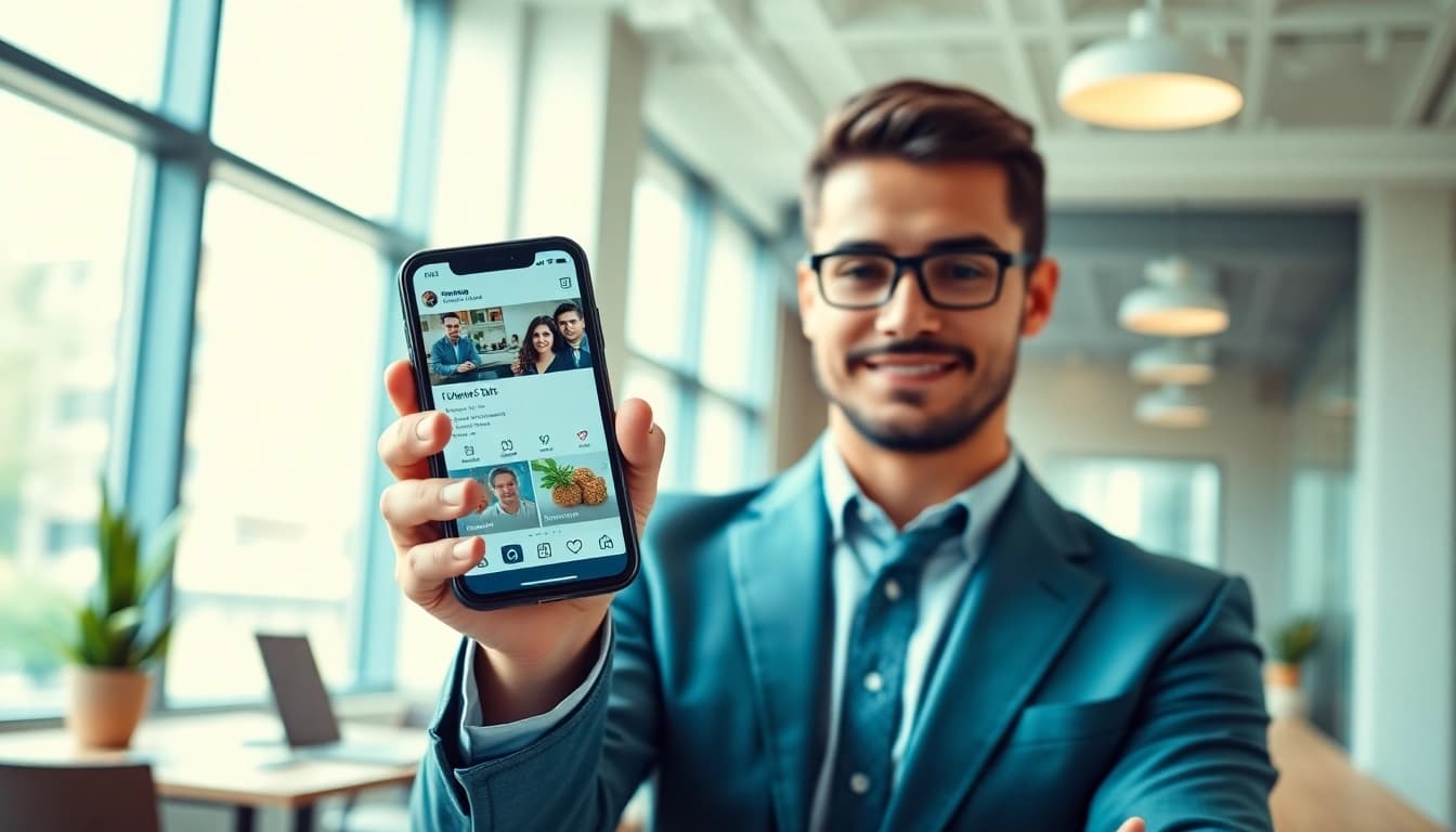 インスタ フォロワー 買うことの影響を示すスマートフォンを持つビジネスパーソンの画像