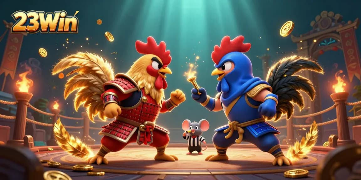 Experience the thrill of gaming at 23Win with colorful roosters and casino elements.