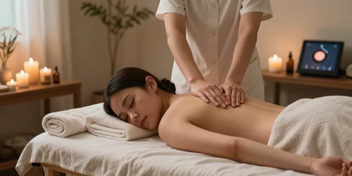 1인샵에서 스웨디시 마사지를 받고 있는 모습, 아로마 촛불과 부드러운 수건, 편안한 조명으로 아늑한 분위기 조성.