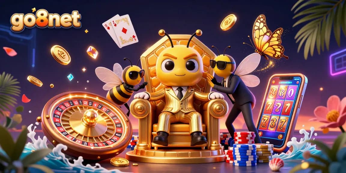 Experience thrilling casino action with go8net's vibrant 3D illustration of a mob boss and casino elements.