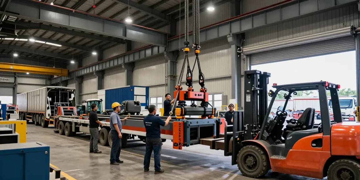 Machinery Movers team securely rigging heavy equipment in a busy warehouse environment.