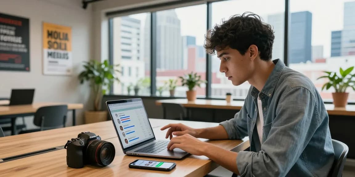 いいね購入の効果を分析する起業家が現代的なコワーキングスペースで働いているシーン