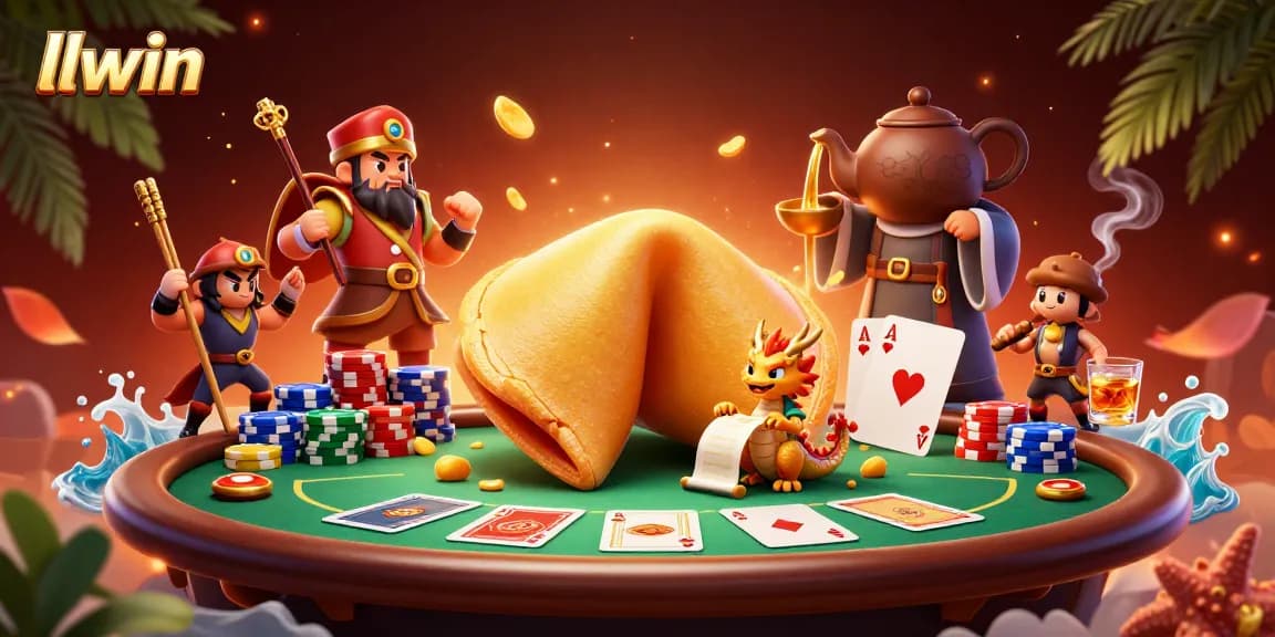 Engage with llwin's vibrant casino scene featuring a wise dragon and poker elements.
