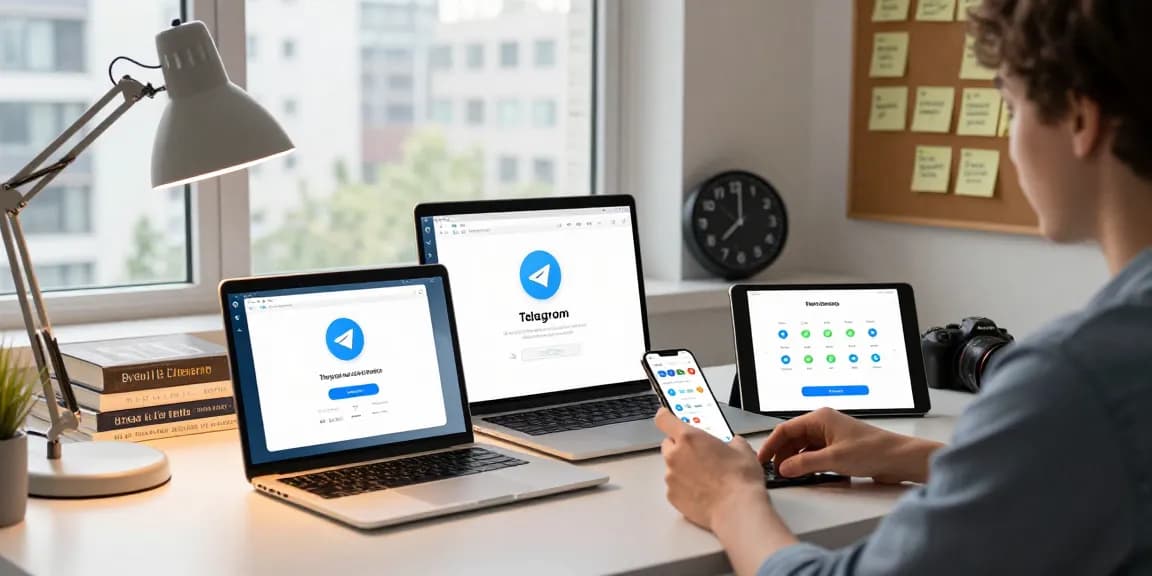 Download Telegram in a tech workspace with multiple devices showcasing app features and a productive environment.