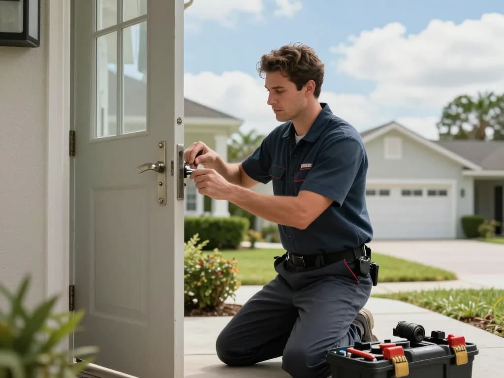 Local locksmith Hobe Sound repairing a door lock in residential area.