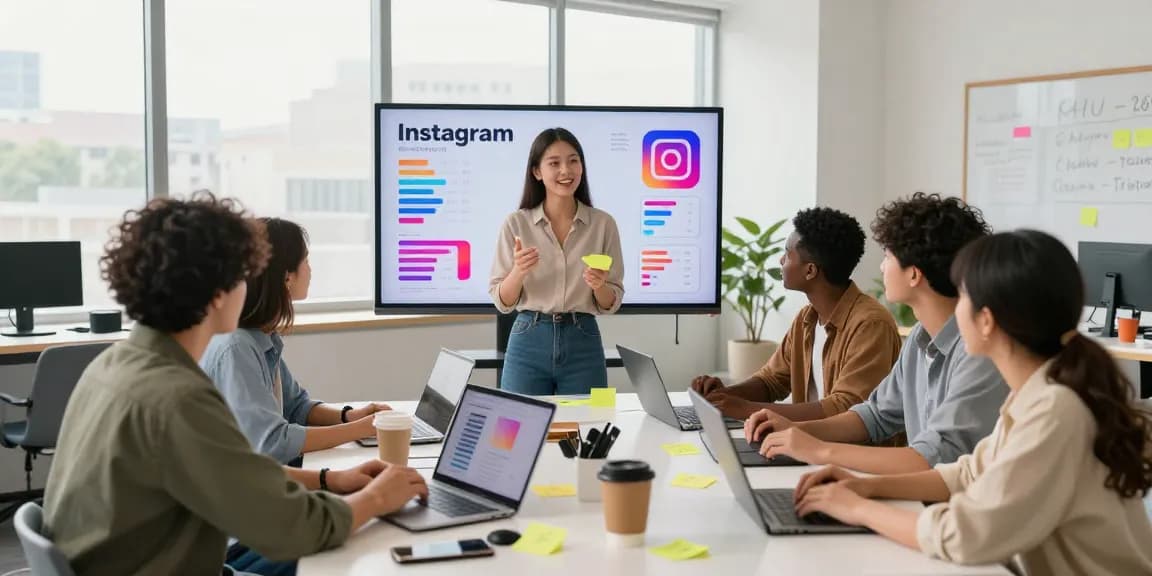 現代的なワークスペースにおけるインスタグラムフォロワー購入戦略に関するチームディスカッションの様子。活気あるマーケティングダイナミクスと分析を強調。
