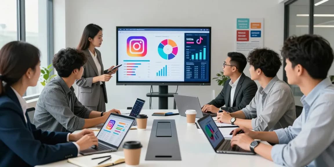 インスタ フォロワー 購入 日本人 のための効果的なSNSマーケティング戦略を議論する現代的なオフィスのシーン。