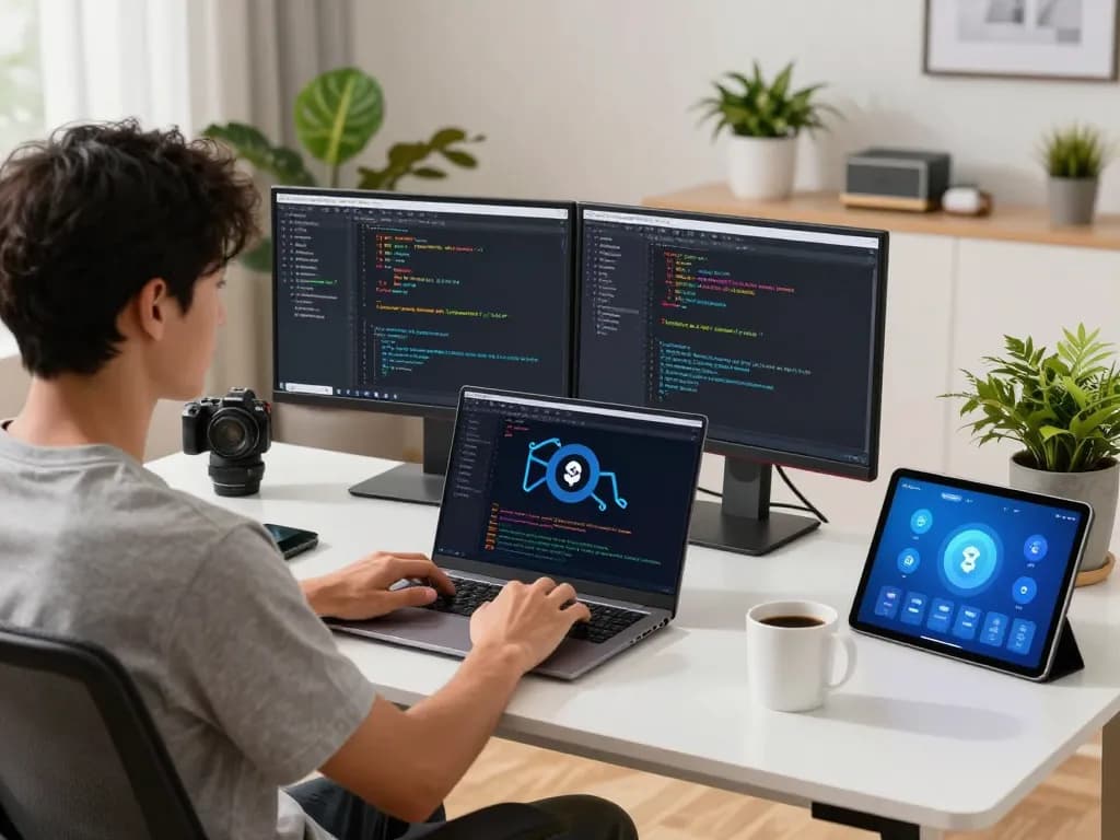 Tech-savvy individual using smart tech gadgets in a modern home office setting, enhancing productivity.
