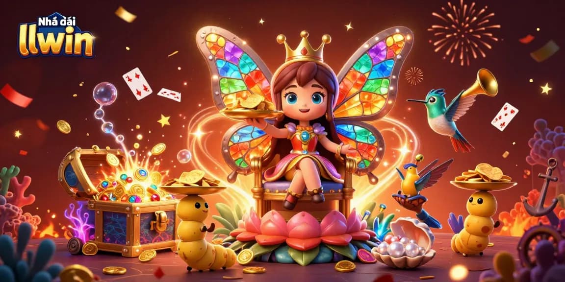 Experience the thrill of Nhà cái llwin with vibrant 3D casino action featuring a butterfly queen and treasure elements.