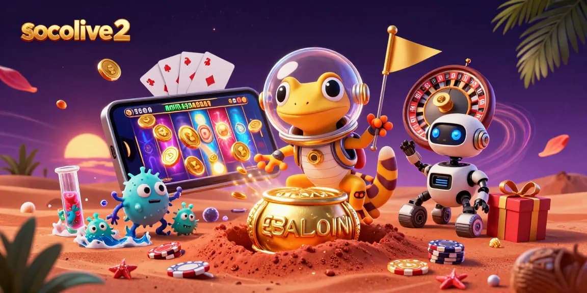 Socolive2 showcases a Martian gecko discovering a golden casino amidst excitement, featuring vibrant casino games.