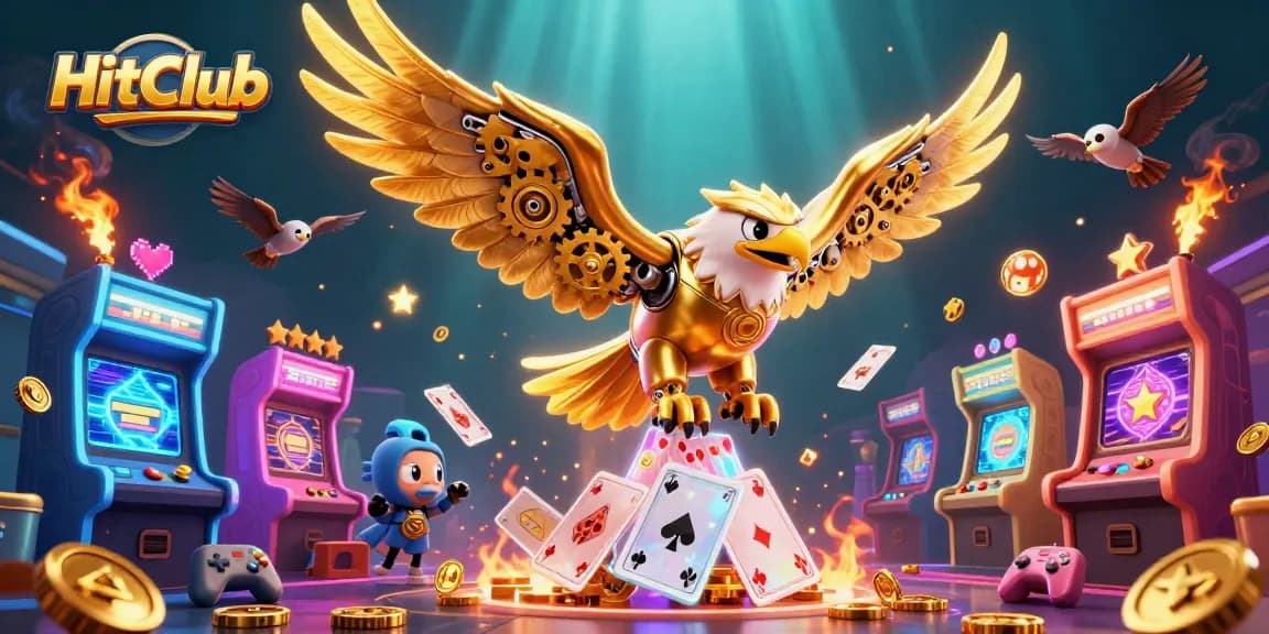 HitClub features a cybernetic golden eagle amidst glowing casino elements, capturing the excitement of gaming.