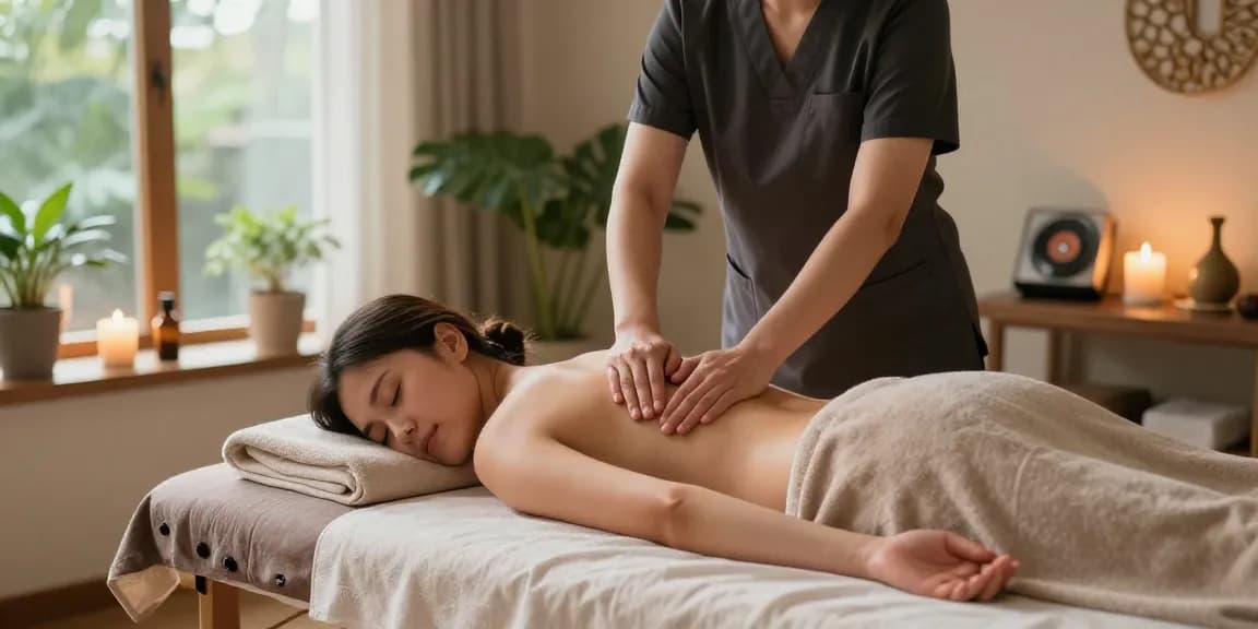 마사지 치료를 준비 중인 전문가와 편안한 스파 환경