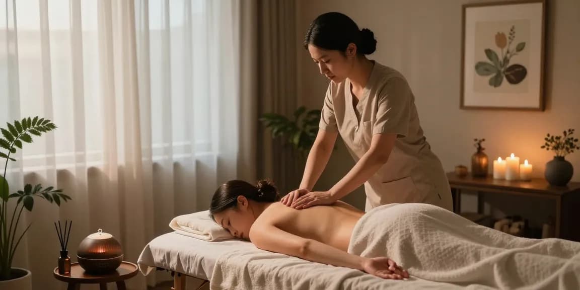 동탄마사지에서 아로마 오일을 사용한 마사지 치료 중 편안한 분위기의 마사지실