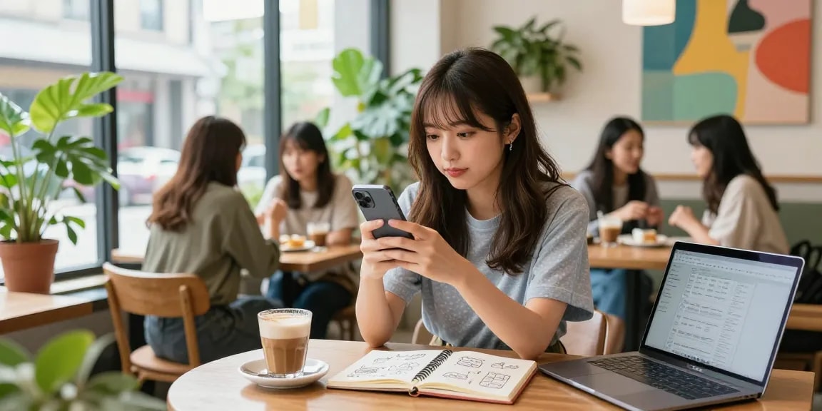 インスタ 日本人 女性 フォロワー 購入のためにカフェでポージングしている若い女性。